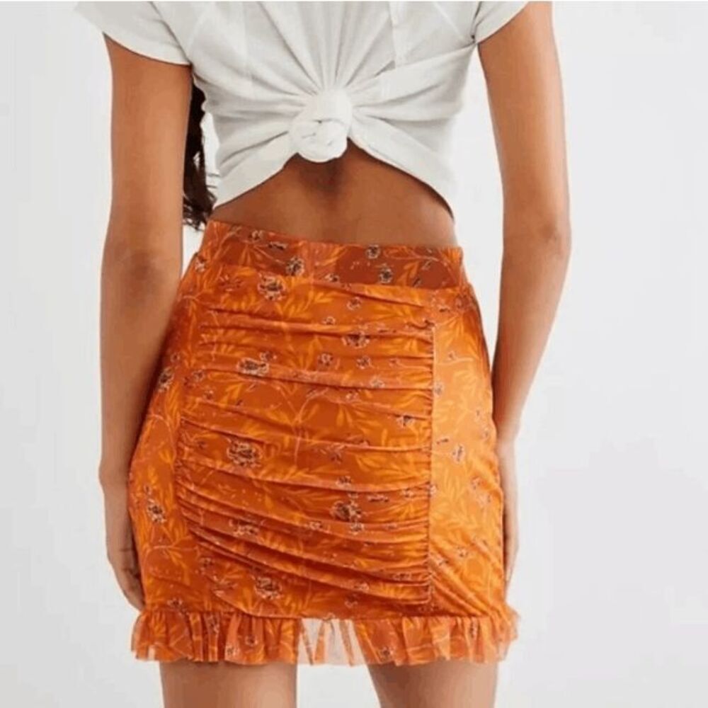 NWT Free People Romi Mesh Mini Skirt Ruffle Rust Orange Floral Print Size Small